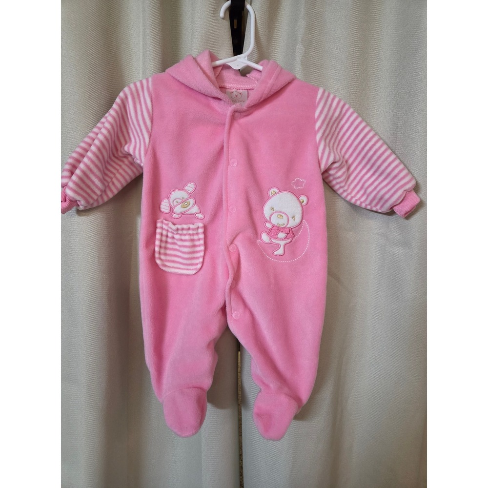 The Cute Babys Pink Fleece Bear Footed Hooded Sleeper 3-6M Striped Sleeves